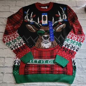 NWT Men's Ugly Holiday Sweater "Let it Glow" Deer size Large
